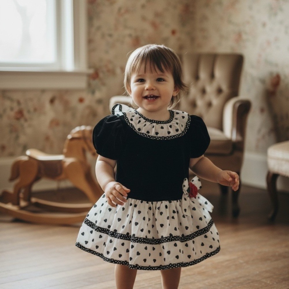 Vintage Girls Dress Size 3T Black Velvet Hearts Fit & Flare Party Holiday